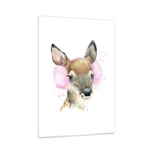 Glasbild - Bild auf glas - Ein Reh mit rosa Pelz-Ohrenschützern - 50x70cm - Und der Frost ist nicht mehr schrecklich - Moderne Wanddekoration für Wohnzimmer und Schlafzimmer ARTTOR