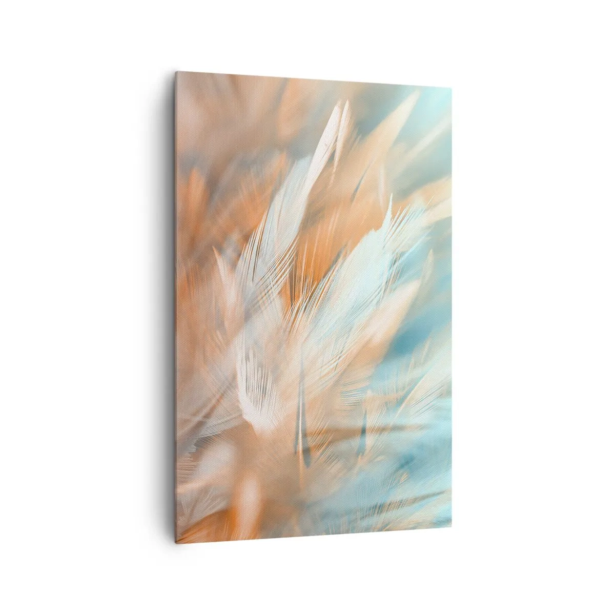 Bild auf Leinwand - Leinwandbild - Zarte Federn in Pastelltönen von Blau und Orange - 80x120cm - Im Land der Sanftmut - Moderne Wanddekoration für Wohnzimmer und Schlafzimmer ARTTOR