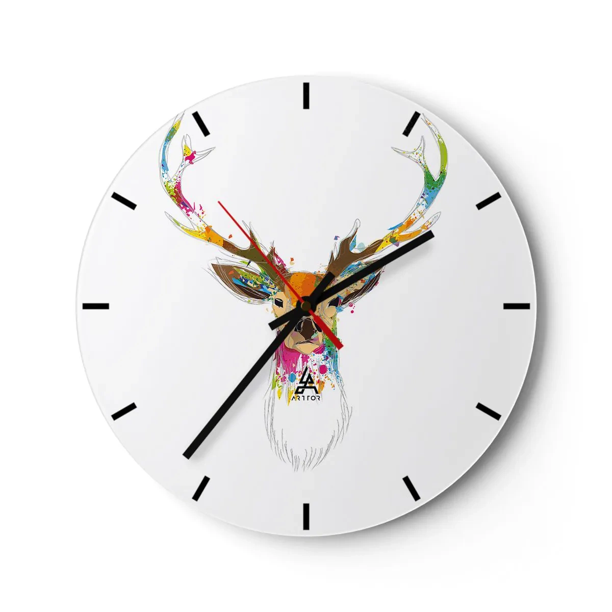 Wanduhr - Glasuhr - Künstlerischer Hirschkopf mit bunten Akzenten - 30x30cm - Ein mildes Reh in Farbe getaucht - Moderne Wanddekoration für Wohnzimmer, Küche und Schlafzimmer ARTTOR