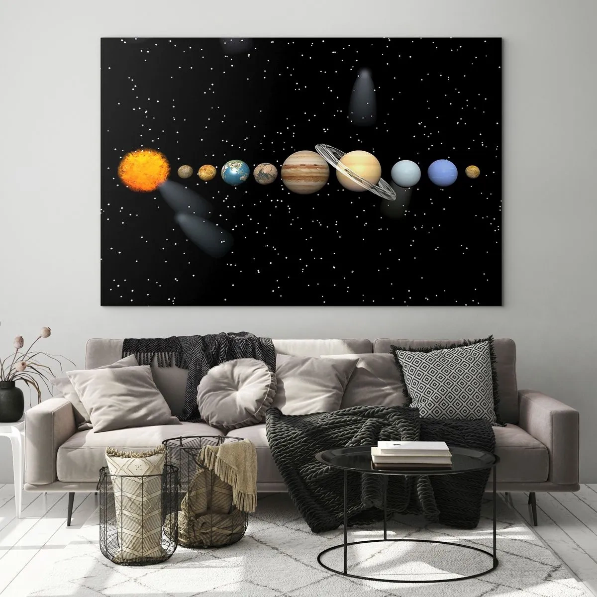 Glasbild - Bild auf glas - Das Sonnensystem vor dem Hintergrund der Sterne im Weltraum - 120x80cm - Und die Planeten werden verrückt und toben ... - Moderne Wanddekoration für Wohnzimmer und Schlafzimmer ARTTOR
