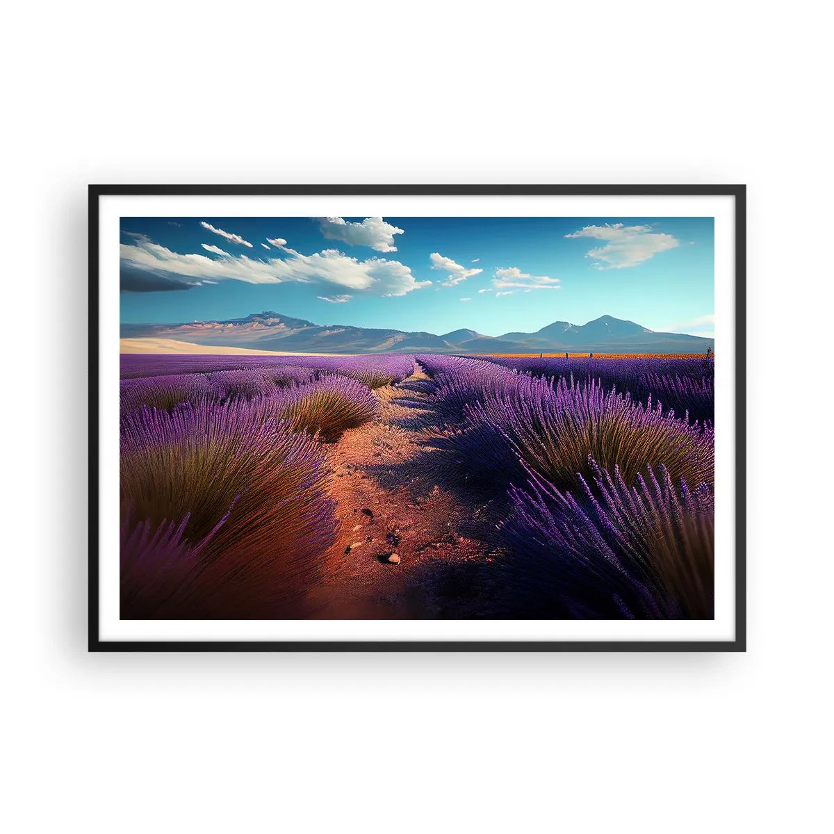 Poster in einem schwarzem Rahmen - Ein Lavendelfeld mit Blick auf die Berge und den blauen Himmel - 100x70cm - Duftende Felder - Moderne Wanddekoration für Wohnzimmer und Schlafzimmer ARTTOR