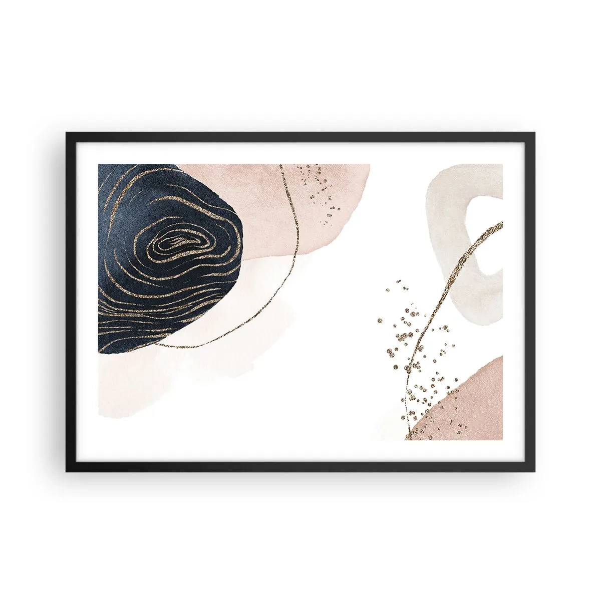 Poster in einem schwarzem Rahmen - Abstrakte Formen in Beige- und Marineblautönen mit goldenen Details - 70x50cm - Alles fließt - Moderne Wanddekoration für Wohnzimmer und Schlafzimmer ARTTOR