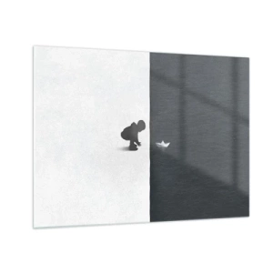 Glasbild - Bild auf glas - Silhouette eines Kindes, das ein Papierboot ins Wasser wirft - 70x50cm - Tolle Expedition - Moderne Wanddekoration für Wohnzimmer und Schlafzimmer ARTTOR