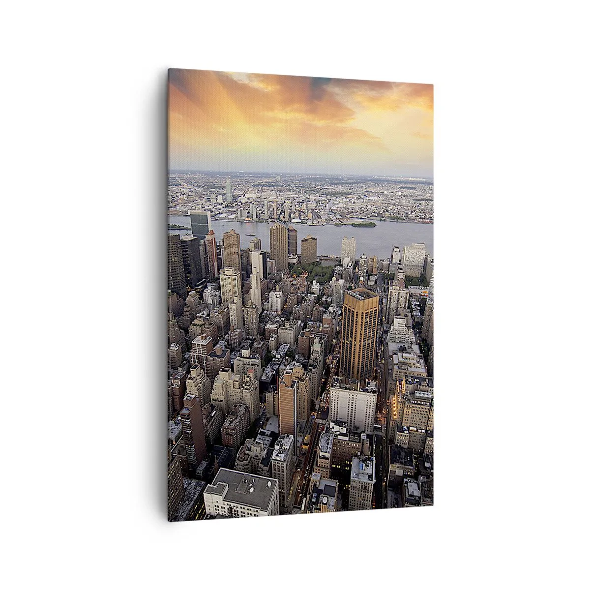 Bild auf Leinwand - Leinwandbild - Blick auf die Metropole mit der untergehenden Sonne - 80x120cm - Das schlagende Herz unserer Zeit - Moderne Wanddekoration für Wohnzimmer und Schlafzimmer ARTTOR