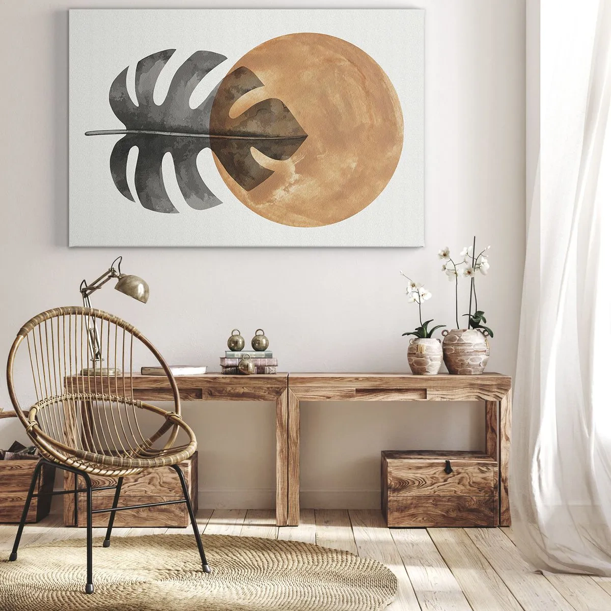 Bild auf Leinwand - Leinwandbild - Monstera-Blatt und goldener Kreis auf hellem Hintergrund - 100x70cm - Immer die Sonne - Moderne Wanddekoration für Wohnzimmer und Schlafzimmer ARTTOR