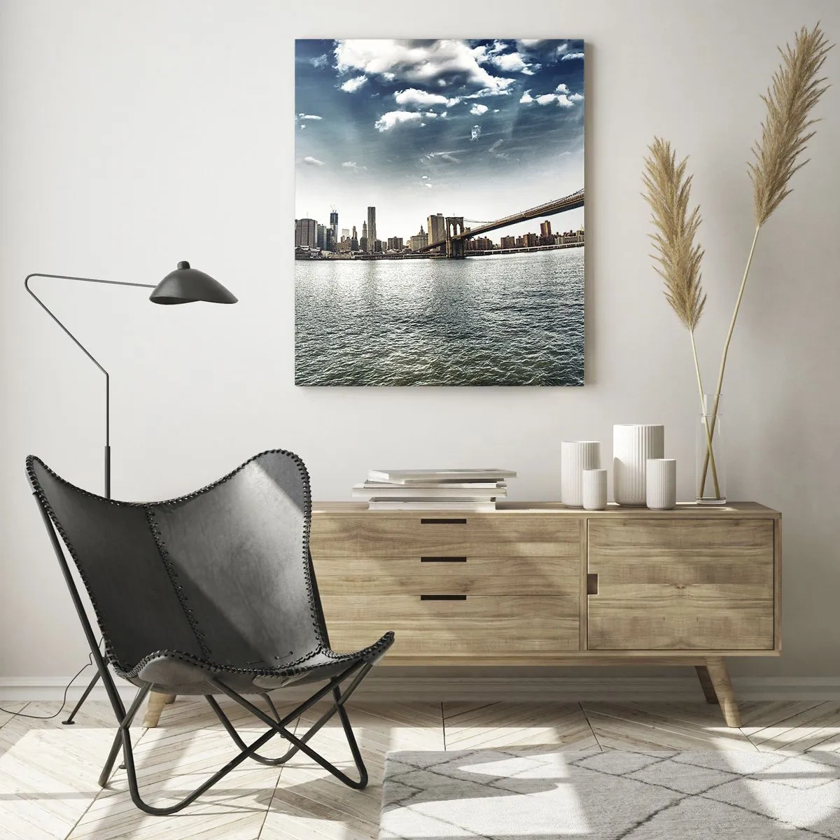 Glasbild - Bild auf glas - Panorama der Stadt mit einer Brücke vor dem blauen Himmel - 70x100cm - Glasinsel - Moderne Wanddekoration für Wohnzimmer und Schlafzimmer ARTTOR