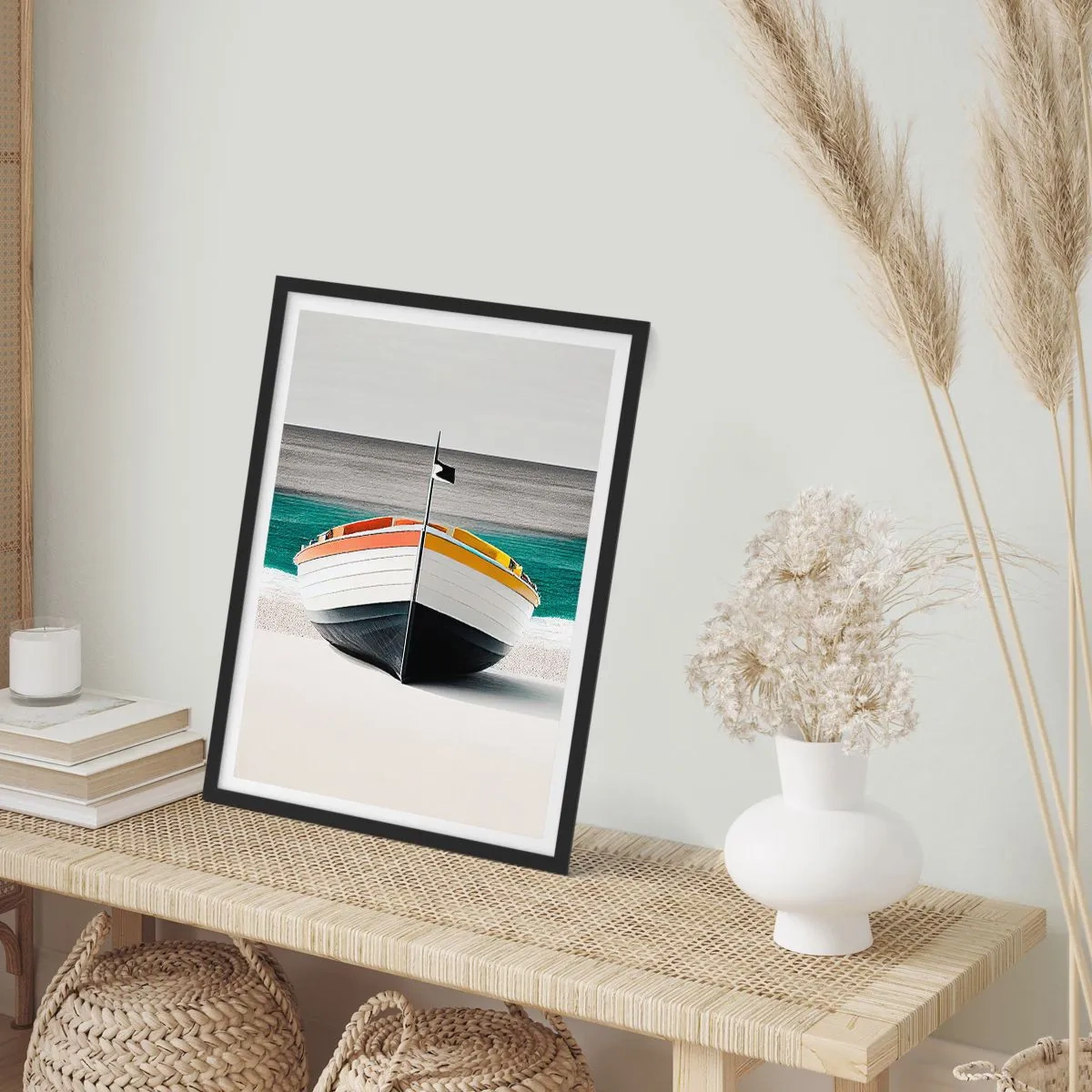 Poster in einem schwarzem Rahmen - Ein Farbfoto eines Bootes vor dem Hintergrund von Meer und Sand. - 50x70cm - An seinem Platz - Moderne Wanddekoration für Wohnzimmer und Schlafzimmer ARTTOR