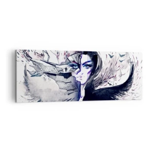 Bild auf Leinwand - Leinwandbild - Abstraktes Gesicht mit kontrastierenden Elementen und einem Flügelmotiv - 140x50cm - Dämonisch und schön - Moderne Wanddekoration für Wohnzimmer und Schlafzimmer ARTTOR