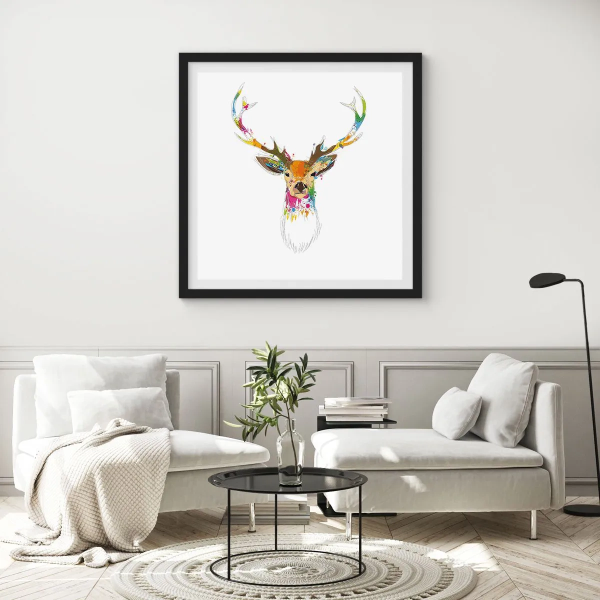 Poster in einem schwarzem Rahmen - Ein mildes Reh in Farbe getaucht - 40x40 cm