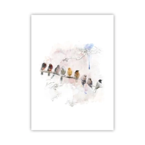 Poster - Vögel sitzen auf einem Ast im Aquarellstil - 50x70cm - Geflügeltes Treffen - Moderne Wanddekoration für Wohnzimmer und Schlafzimmer ARTTOR