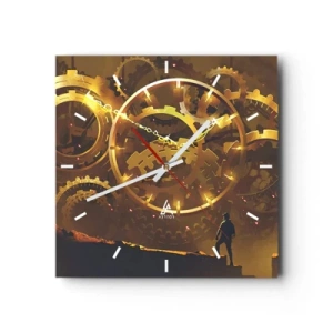 Wanduhr - Glasuhr - Goldene Zahnräder in einer surrealen Umgebung mit einer Figur - 30x30cm - An der Quelle der Zeit - Moderne Wanddekoration für Wohnzimmer und Schlafzimmer ARTTOR