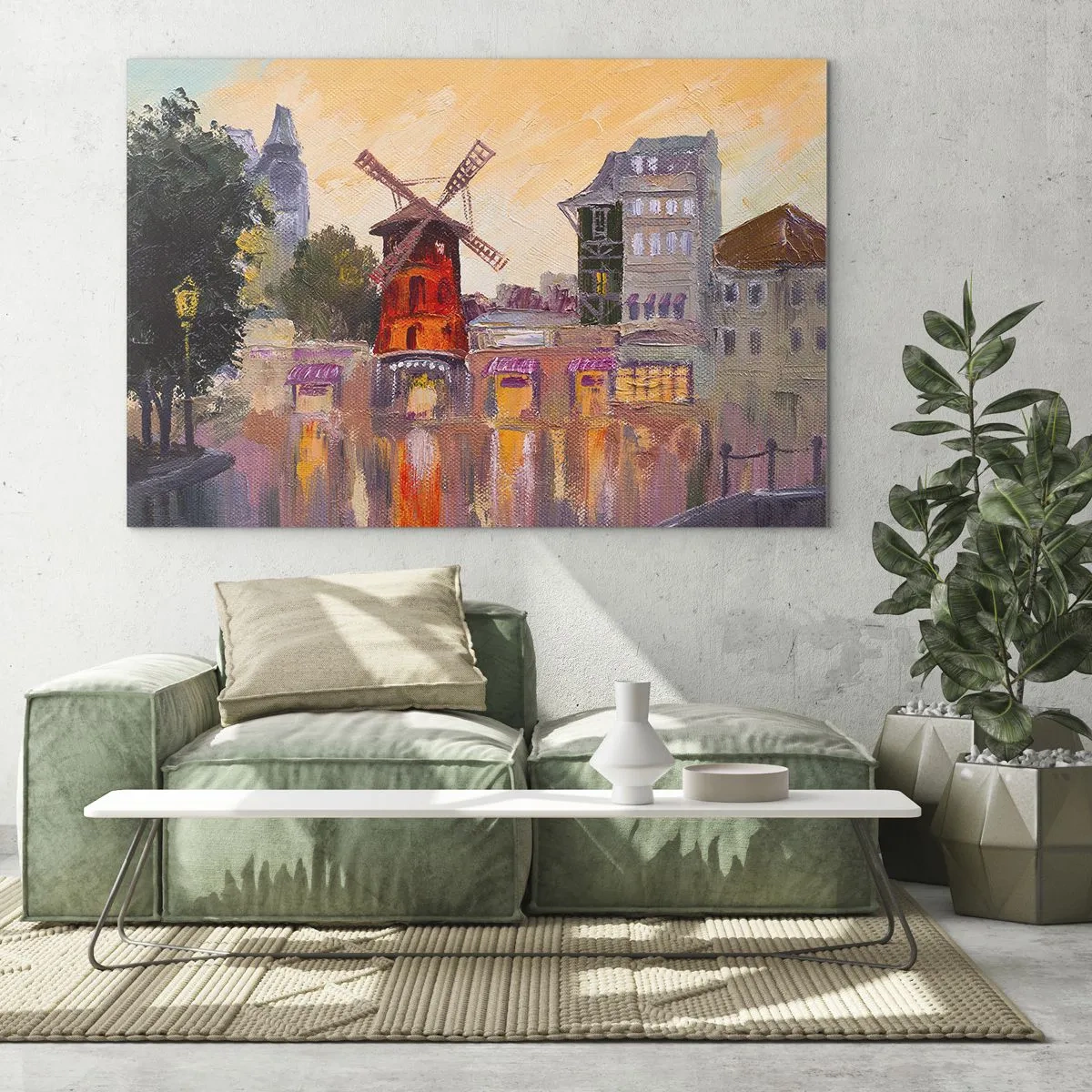 Glasbild - Bild auf glas - Die rote Windmühle des Moulin Rouge zwischen Pariser Mietshäusern - 100x70cm - Pariser Ikonen – Moulin Rouge - Moderne Wanddekoration für Wohnzimmer und Schlafzimmer ARTTOR
