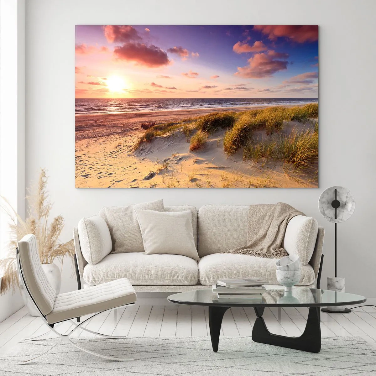Glasbild - Bild auf glas - Strand mit Dünen bei Sonnenuntergang - 70x50cm - Die Luft riecht schon im Sommer - Moderne Wanddekoration für Wohnzimmer und Schlafzimmer ARTTOR