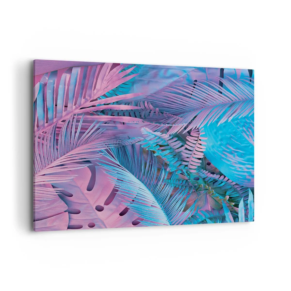 Bild auf Leinwand - Leinwandbild - Tropische Blätter in Rosa- und Blautönen - 100x70cm - Tropen in Rosa und Blau - Moderne Wanddekoration für Wohnzimmer und Schlafzimmer ARTTOR