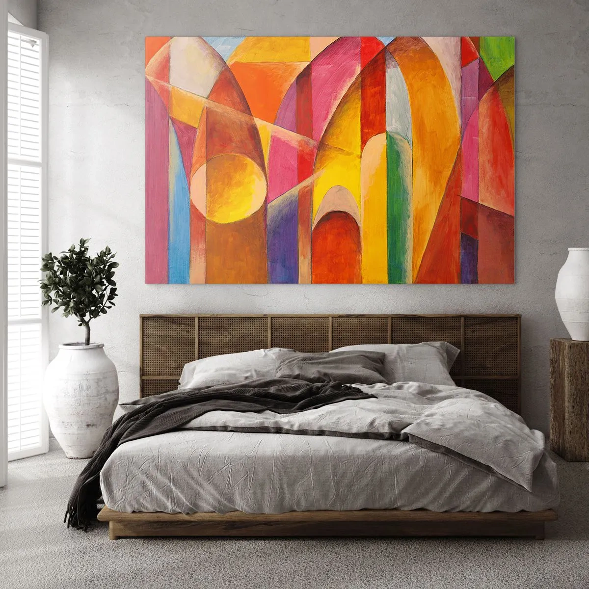 Glasbild - Bild auf glas - Bunte Abstraktion mit geometrischen Formen - 120x80cm - Kathedrale der Sonne - Moderne Wanddekoration für Wohnzimmer und Schlafzimmer ARTTOR