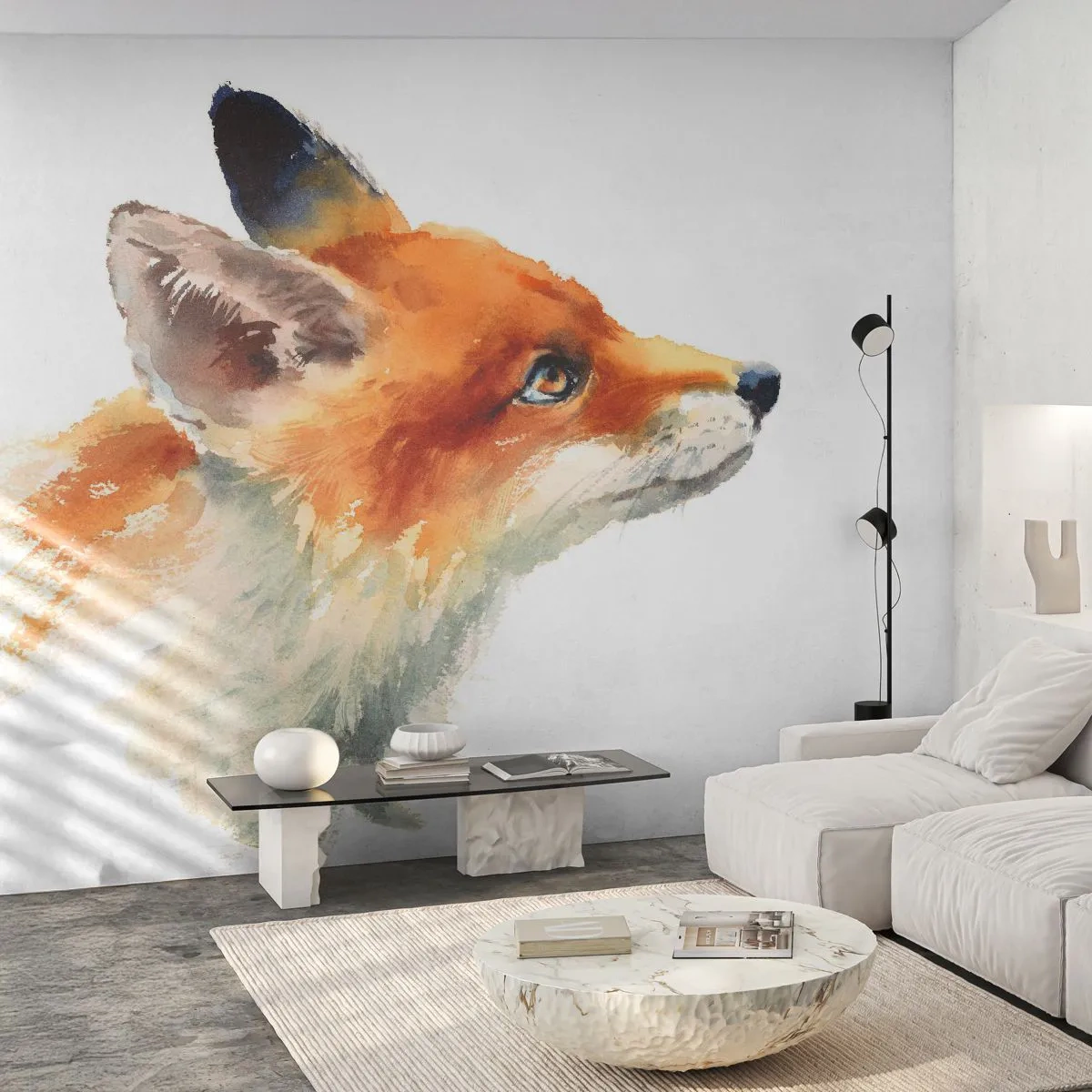 Fototapete Premium Sand - Eine Aquarellillustration eines Fuchses mit warmen Felltönen. - 100x70cm - Man kann nie vorsichtig genug sein - Moderne Wanddekoration für Wohnzimmer und Schlafzimmer ARTTOR