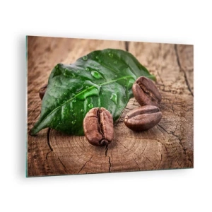 Glasbild - Bild auf glas - Kaffeebohnen auf einem Blatt und Holzhintergrund - 70x50cm - Der wahrste und schwarze - Moderne Wanddekoration für Wohnzimmer und Schlafzimmer ARTTOR