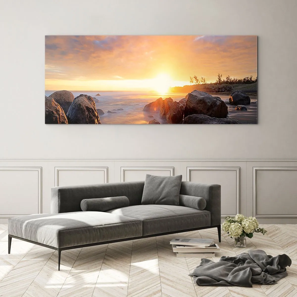 Glasbild - Bild auf glas - Sonnenuntergang über der felsigen Küste - 140x50cm - Leuchtende Brise des Abends - Moderne Wanddekoration für Wohnzimmer und Schlafzimmer ARTTOR