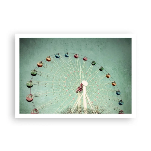Poster - Ein buntes Riesenrad vor blauem Himmel im Retro-Stil - 100x70cm - Wir laden zum Spiel ein - Moderne Wanddekoration für Wohnzimmer und Schlafzimmer ARTTOR