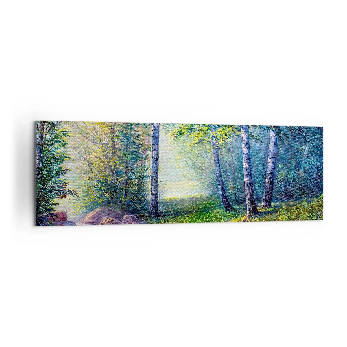 Bild auf Leinwand - Leinwandbild - Ein Waldbach, umgeben von Birken und Sonnenschein - 160x50cm - Idyllische Landschaft - Moderne Wanddekoration für Wohnzimmer und Schlafzimmer ARTTOR