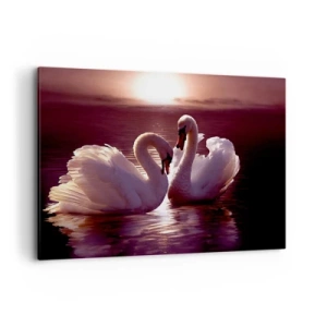 Bild auf Leinwand - Leinwandbild - Zwei Schwäne auf einem ruhigen See bei Sonnenuntergang - 100x70cm - Bis der Tod uns scheidet - Moderne Wanddekoration für Wohnzimmer und Schlafzimmer ARTTOR