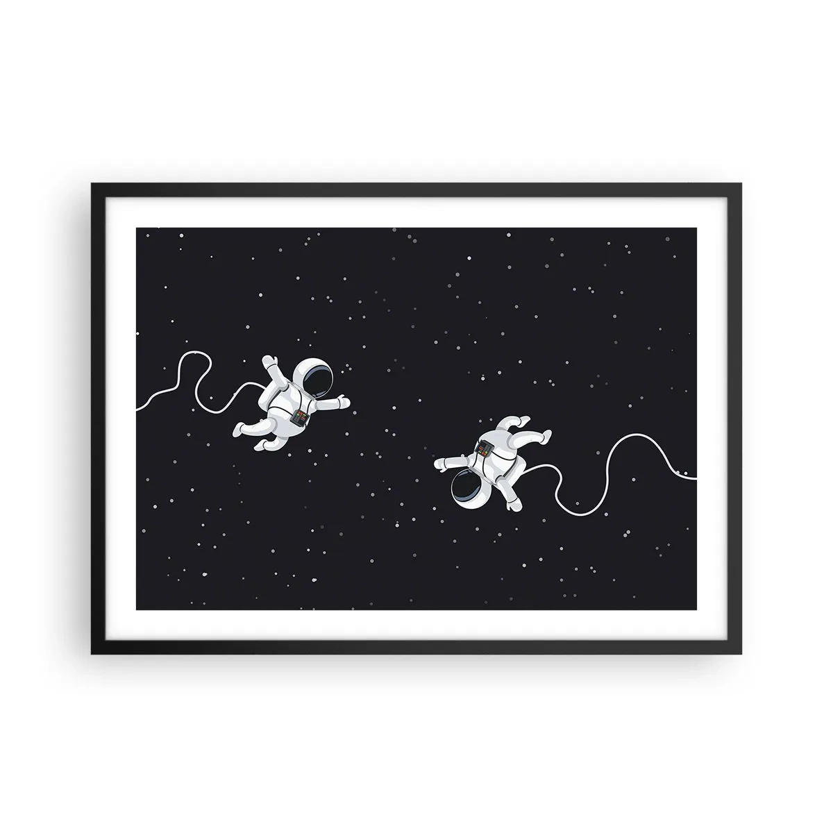 Poster in einem schwarzem Rahmen - Astronauten schweben im Weltraum vor dem Hintergrund der Sterne - 70x50cm - Kosmischer Tanz - Moderne Wanddekoration für Wohnzimmer und Schlafzimmer ARTTOR