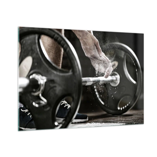 Glasbild - Bild auf glas - Gewichtheben mit Kreide an den Händen und einer Langhantel - 100x70cm - Herausforderung angenommen! - Moderne Wanddekoration für Wohnzimmer und Schlafzimmer ARTTOR