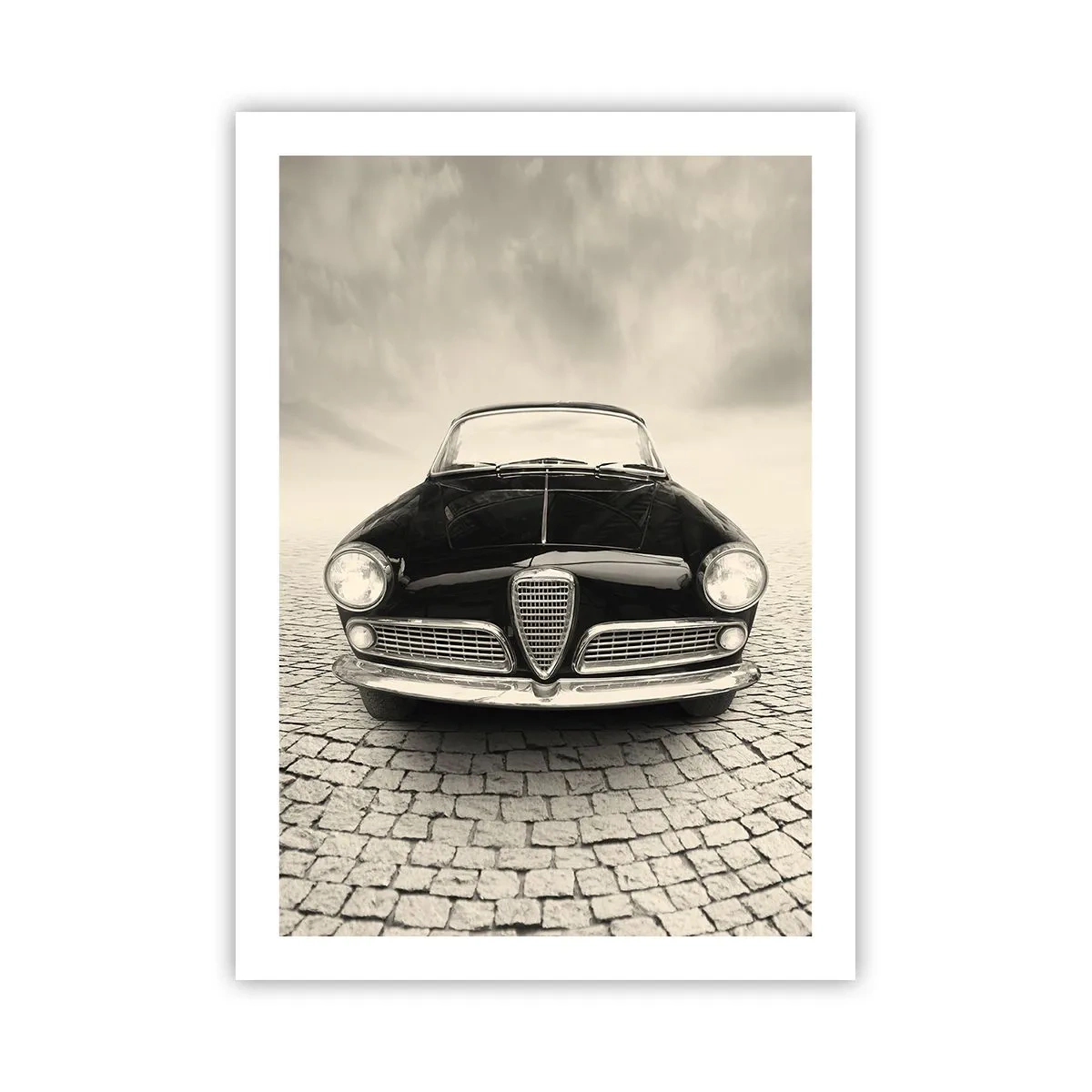 Poster - Die Front eines Oldtimers auf einer Kopfsteinpflasterstraße - 50x70cm - Man muss mich einfach lieben - Moderne Wanddekoration für Wohnzimmer und Schlafzimmer ARTTOR