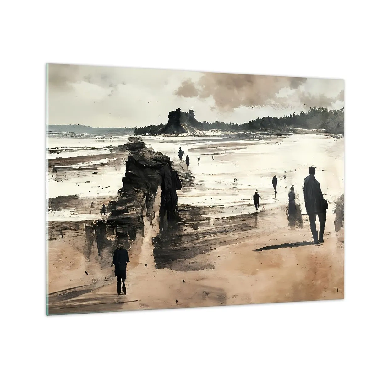Glasbild - Bild auf glas - Silhouetten, die unter einem bewölkten Himmel an einem breiten Strand spazieren - 70x50cm - Einberufen - Moderne Wanddekoration für Wohnzimmer und Schlafzimmer ARTTOR