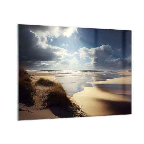 Glasbild - Bild auf glas - Ein wilder Strand, beleuchtet von den Sonnenstrahlen unter den Wolken - 70x50cm - Strand, wilder Strand - Moderne Wanddekoration für Wohnzimmer und Schlafzimmer ARTTOR