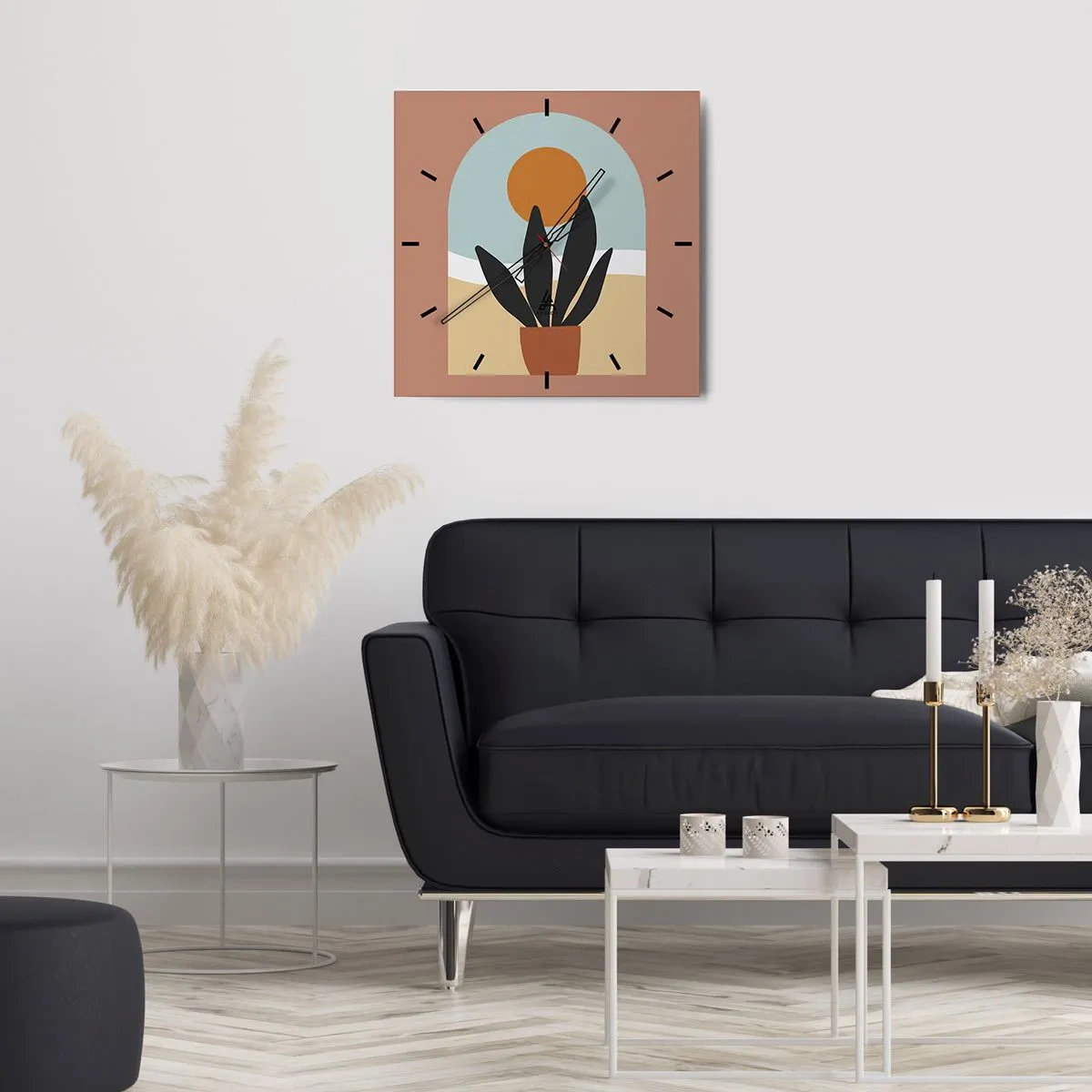 Wanduhr - Glasuhr - Eine schwarze Pflanze in einem Topf gegen die Sonne - 30x30cm - Kleine Freuden - Moderne Wanddekoration für Wohnzimmer und Schlafzimmer ARTTOR