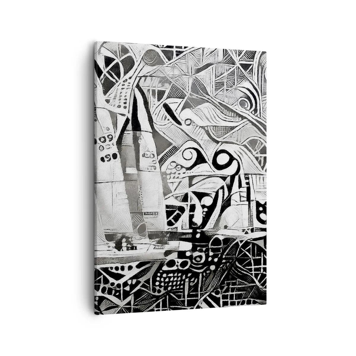 Bild auf Leinwand - Leinwandbild - Abstrakte Segelboote in einer monochromen Komposition - 50x70cm - Zwischen den Wellen - Moderne Wanddekoration für Wohnzimmer und Schlafzimmer ARTTOR