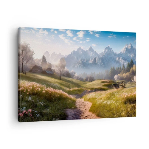 Bild auf Leinwand - Leinwandbild - Ein Bergtal mit Wiesen, Hütten und Blick auf die Gipfel - 70x50cm - Idyllisches Tal - Moderne Wanddekoration für Wohnzimmer und Schlafzimmer ARTTOR