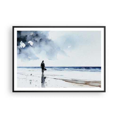 Poster in einem schwarzem Rahmen - Eine Figur an einem Strand in einer ruhigen Meeresumgebung - 100x70cm - Gespräch mit dem Meer - Moderne Wanddekoration für Wohnzimmer und Schlafzimmer ARTTOR