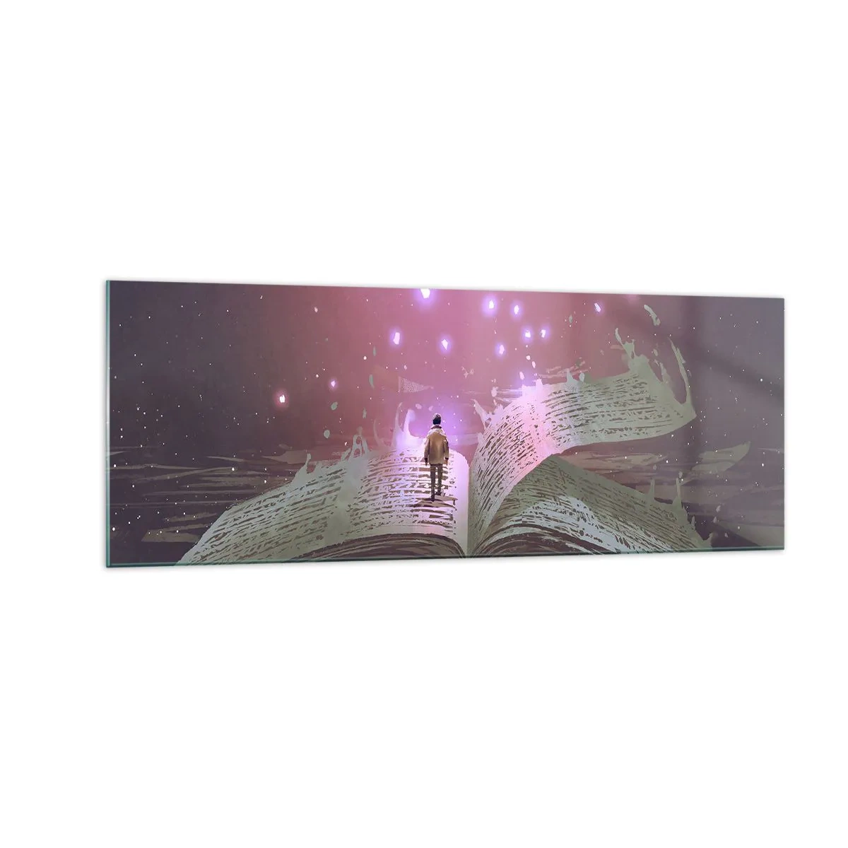 Glasbild - Bild auf glas - Eine Figur tritt in einem magischen Licht auf ein offenes Buch. - 140x50cm - Einladung in eine andere Welt - lesen Sie! - Moderne Wanddekoration für Wohnzimmer und Schlafzimmer ARTTOR