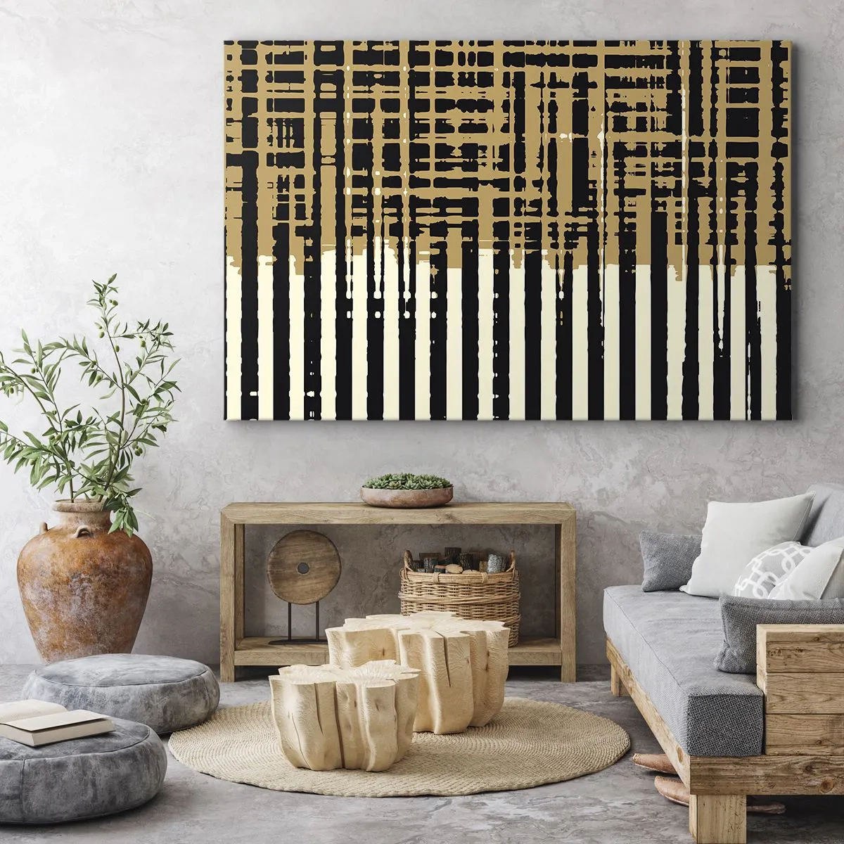 Bild auf Leinwand - Leinwandbild - Abstrakte Linien in Schwarz, Beige und Weiß - 70x50cm - Architektonische Abstraktion - Moderne Wanddekoration für Wohnzimmer und Schlafzimmer ARTTOR