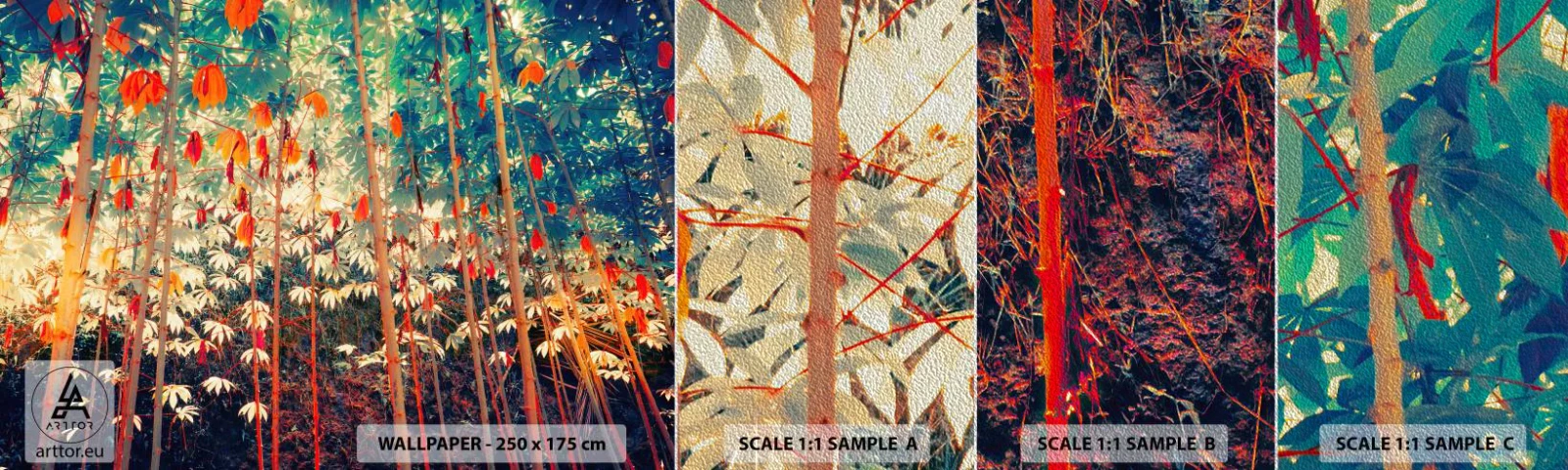 Fototapeten Muster Premium Sand - Das geheime Leben der Blätter - Tropenwald, Natur, Bäume - 100x30 cm