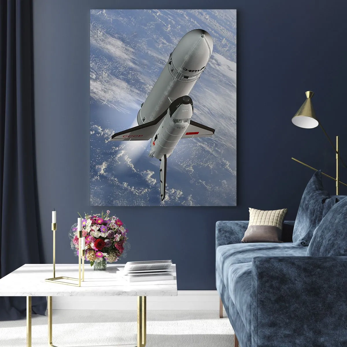 Glasbild - Bild auf glas - Ein Space Shuttle startet ins All, im Hintergrund die Erde. - 50x70cm - Kosmischer Aufstieg - Moderne Wanddekoration für Wohnzimmer und Schlafzimmer ARTTOR