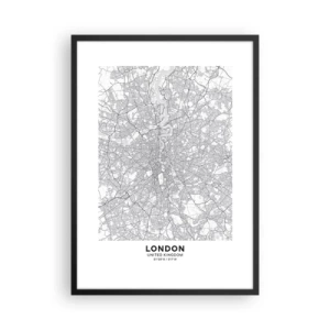 Poster in einem schwarzem Rahmen - Schwarzweißkarte von London mit genauen Straßendetails - 50x70cm - Karte des Labyrinths von London - Moderne Wanddekoration für Wohnzimmer und Schlafzimmer ARTTOR