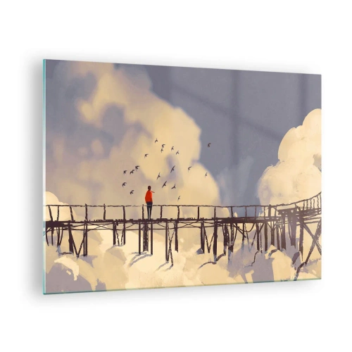 Glasbild - Bild auf glas - Ein Mann auf einer Holzbrücke, umgeben von Wolken - 70x50cm - Blaue Sehnsucht - Moderne Wanddekoration für Wohnzimmer und Schlafzimmer ARTTOR