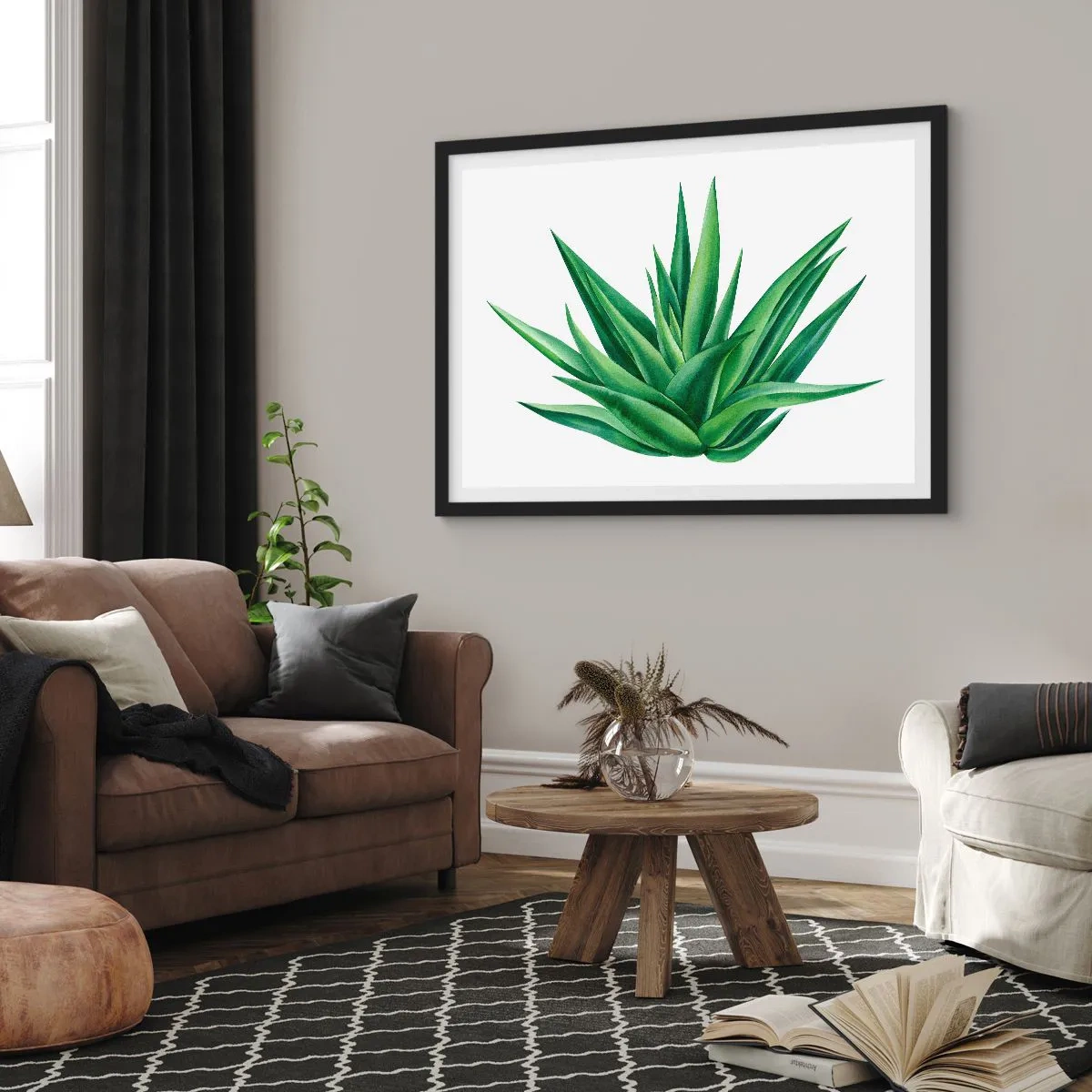 Poster in einem schwarzem Rahmen - Eine saftige grüne Pflanze auf weißem Hintergrund - 100x70cm - Grün – Kraft – Leben - Moderne Wanddekoration für Wohnzimmer und Schlafzimmer ARTTOR