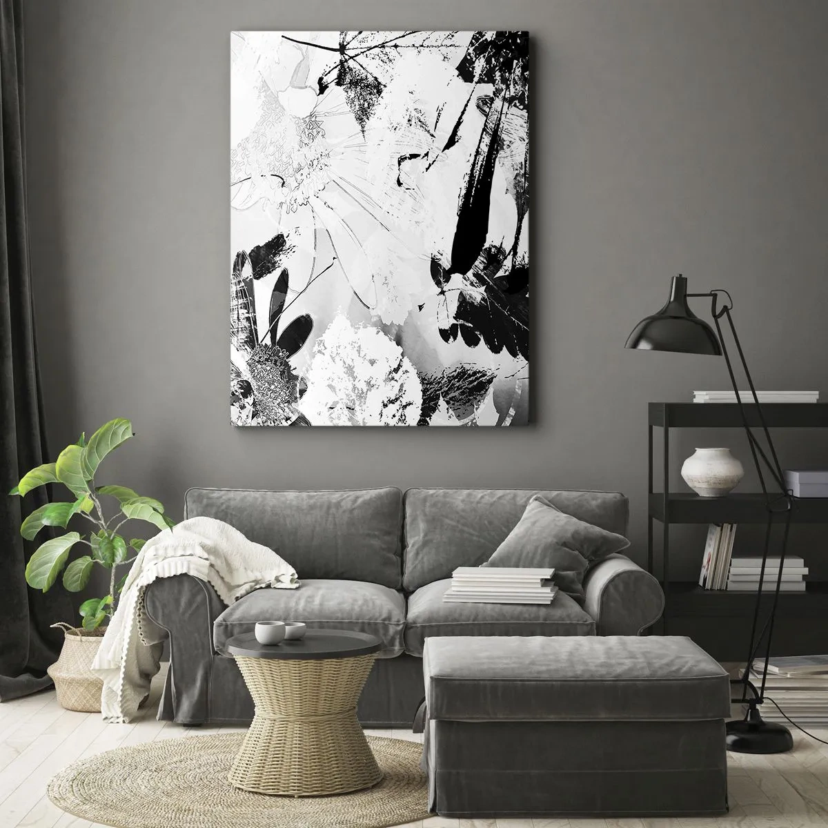 Bild auf Leinwand - Leinwandbild - Schwarz-weiße abstrakte Blumen im minimalistischen Stil - 50x70cm - Herbst negativ - Moderne Wanddekoration für Wohnzimmer und Schlafzimmer ARTTOR