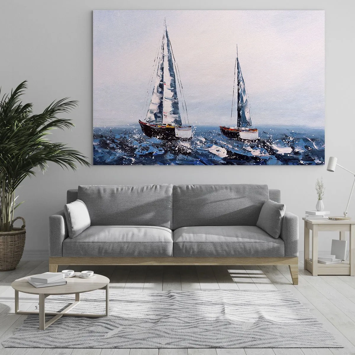Glasbild - Bild auf glas - Zwei Yachten auf stürmischer See im impressionistischen Malstil. - 120x80cm - Bruderschaft des Windes - Moderne Wanddekoration für Wohnzimmer und Schlafzimmer ARTTOR