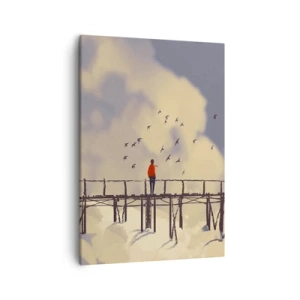 Bild auf Leinwand - Leinwandbild - Eine Figur auf einer Brücke zwischen Wolken mit Vögeln am Himmel - 50x70cm - Blaue Sehnsucht - Moderne Wanddekoration für Wohnzimmer und Schlafzimmer ARTTOR