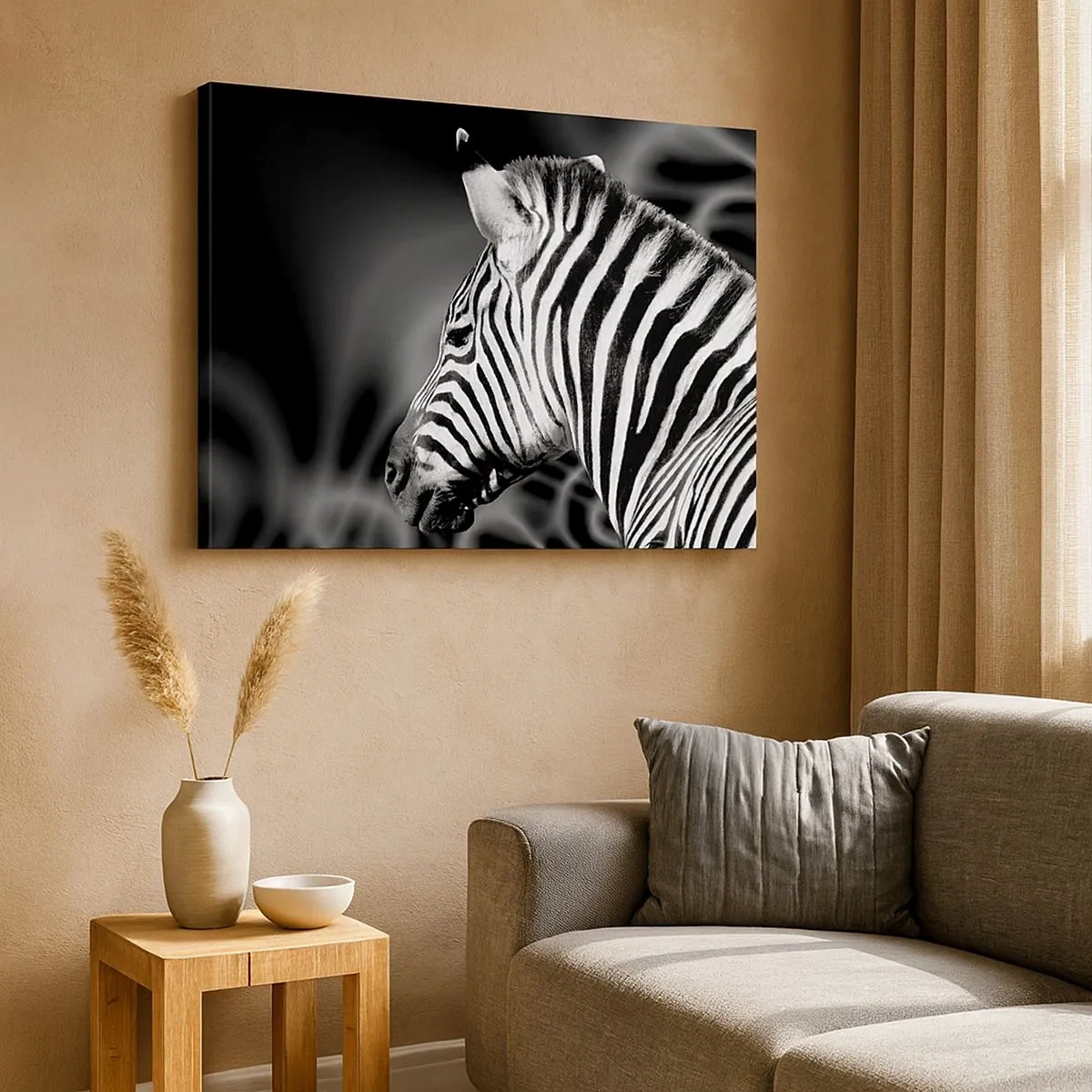 Bild auf Leinwand - Leinwandbild - Schwarz-Weiß-Porträt eines Zebras vor einem Hintergrund abstrakter Muster. - 70x50cm - Weiß ist weiß und schwarz ist schwarz - Moderne Wanddekoration für Wohnzimmer und Schlafzimmer ARTTOR