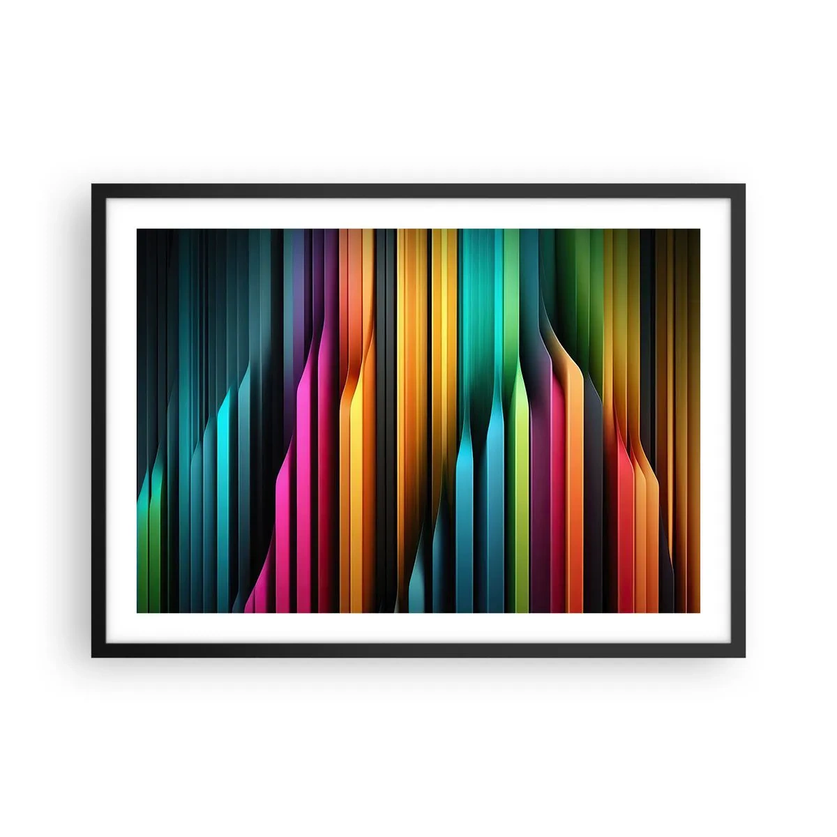 Poster in einem schwarzem Rahmen - Bunte vertikale Linien erzeugen eine dynamische Abstraktion. - 70x50cm - Lichtorgan - Moderne Wanddekoration für Wohnzimmer und Schlafzimmer ARTTOR