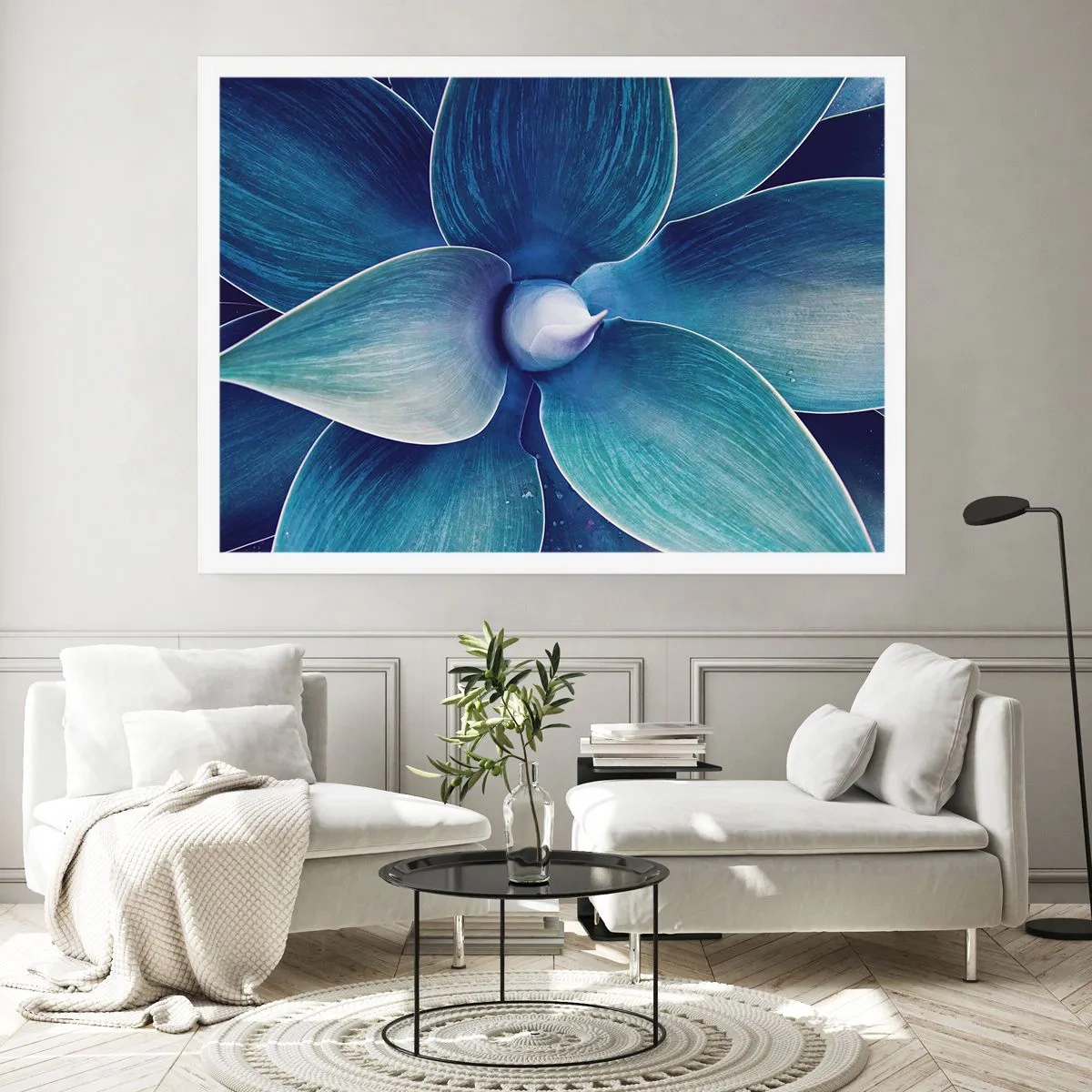 Poster - Nahaufnahme einer abstrakten Blume in Blautönen - 100x70cm - Bläulich vom Himmel - Moderne Wanddekoration für Wohnzimmer und Schlafzimmer ARTTOR