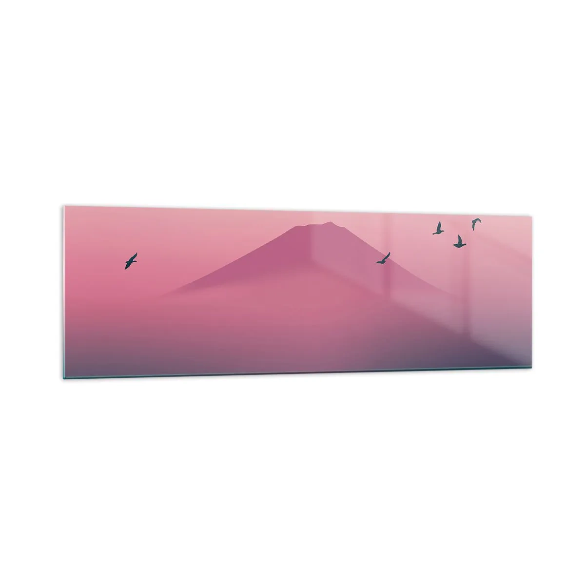 Glasbild - Bild auf glas - Eine minimalistische Landschaft mit einem Berg und Vögeln bei Sonnenaufgang - 160x50cm - Wanderer über den Wolken - Moderne Wanddekoration für Wohnzimmer und Schlafzimmer ARTTOR