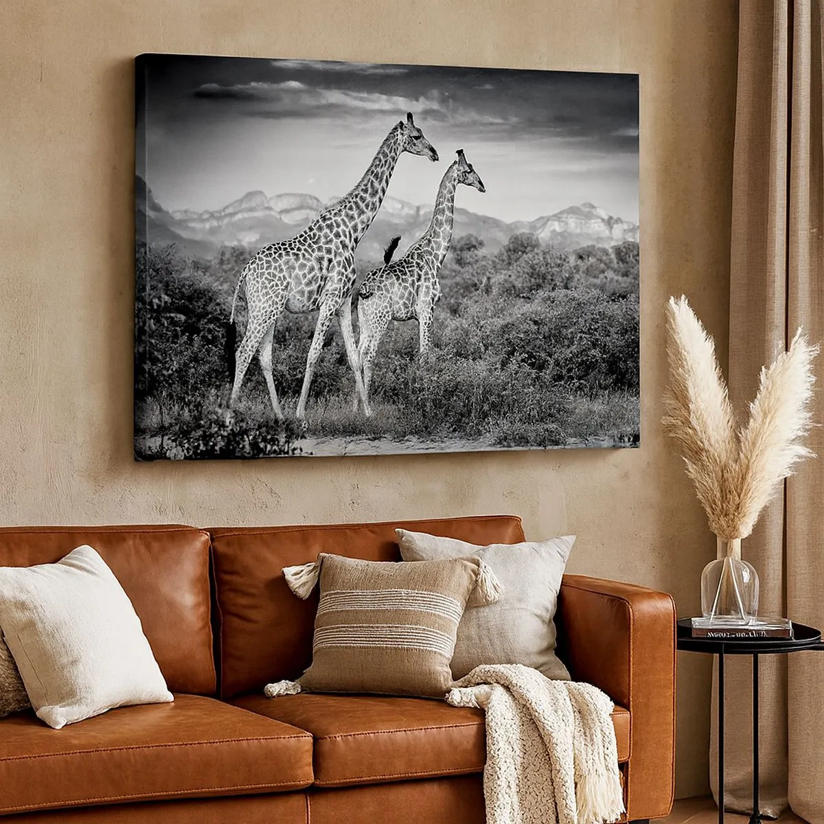 Bild auf Leinwand - Leinwandbild - Schwarz-weiße Silhouetten zweier Giraffen in der Savanne - 70x50cm - Hohe Sphären in Afrika - Moderne Wanddekoration für Wohnzimmer und Schlafzimmer ARTTOR