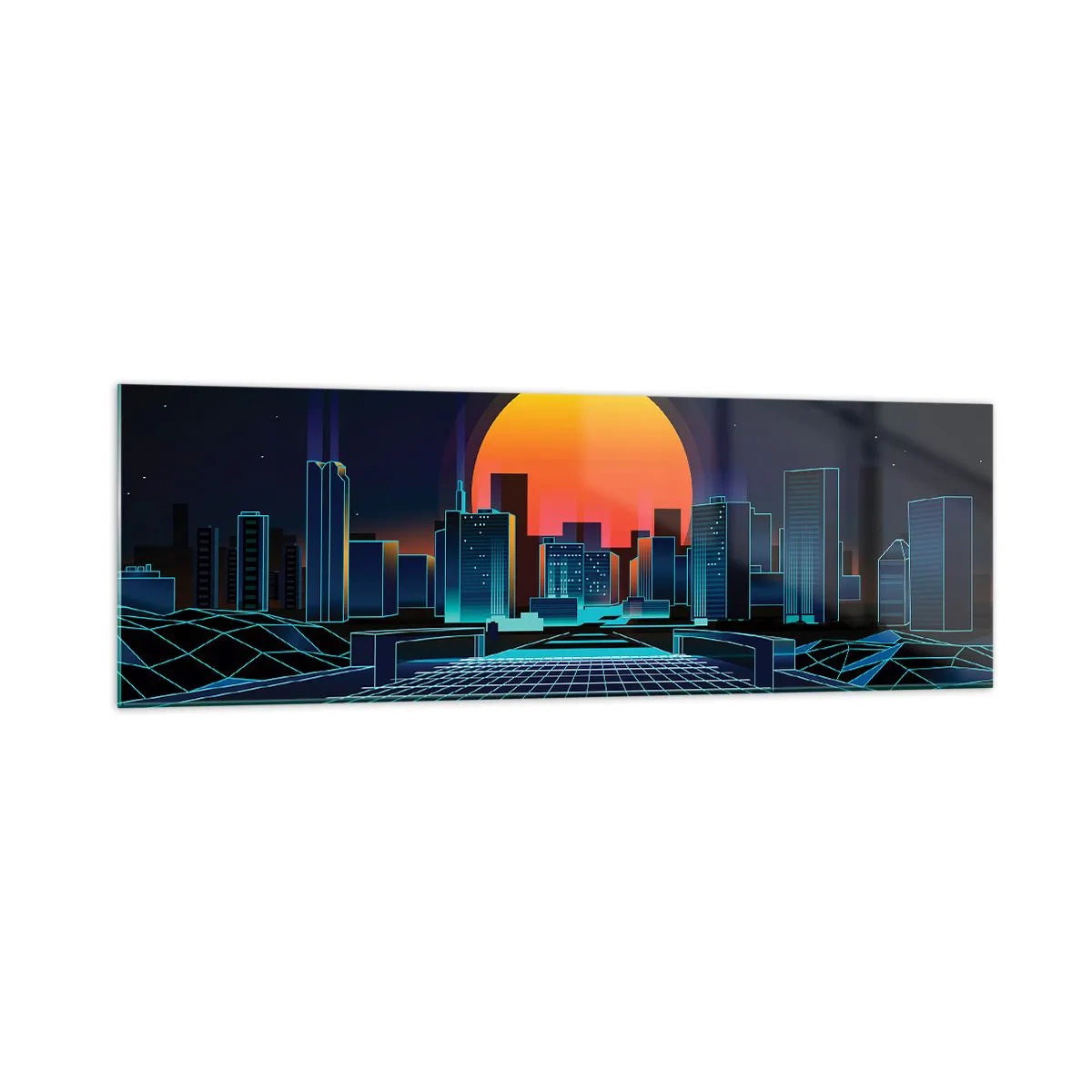 Glasbild - Bild auf glas - Futuristische Skyline im Neon-Stil - 160x50cm - Willst du immer noch zu Real gehen? - Moderne Wanddekoration für Wohnzimmer und Schlafzimmer ARTTOR